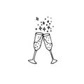 Two glasses of champagne ink hand drawn sketch, winter holiday design element black outline Royalty Free Stock Photo